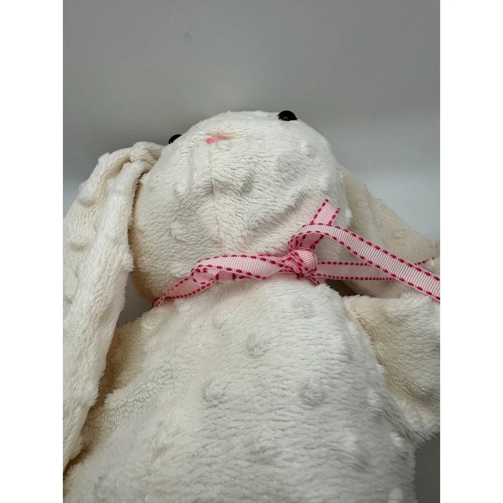 Cream Textured Bunny Rabbit Plush Stuffed Animal Pink Ribbon‎ Accent